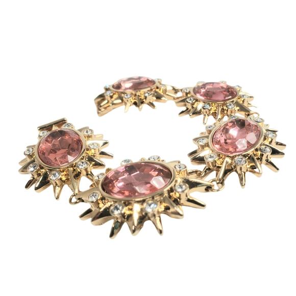 Vtg Hutton Wilkinson Pink Crystal Starburst Gold-Plated Link Bracelet-NIB - Picture 2 of 6